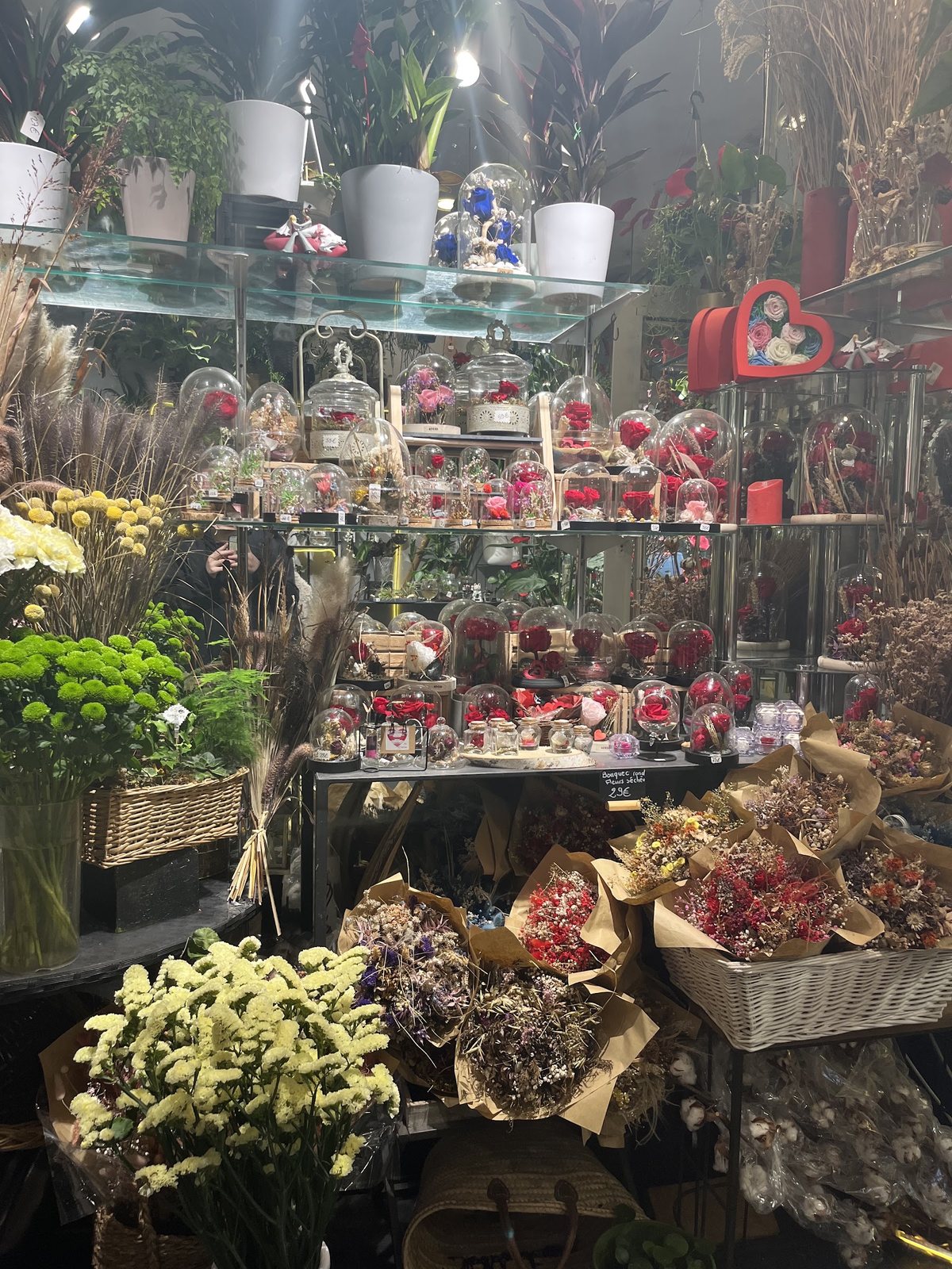 L’intérieur de la boutique : roses éternelles, bouquets de fleurs séchées et fleurs fraîches